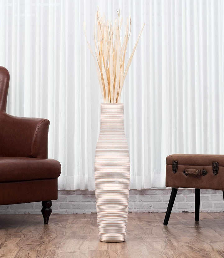 Leewadee Grosse Bodenvase für Dekozweige hohe Standvase Design Holzvase, Holz, 70 cm, White Wash 70