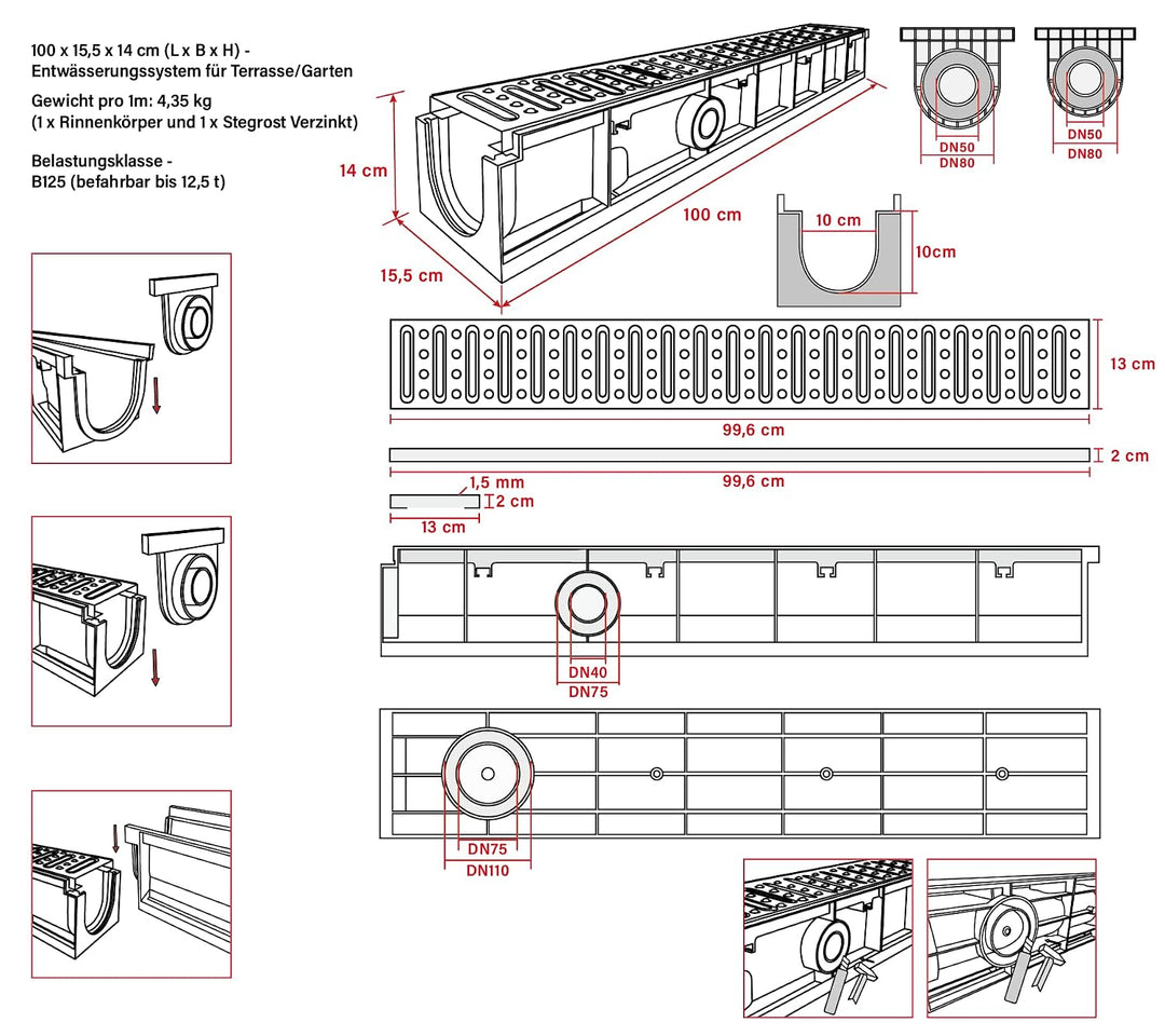 1m Set Entwässerungsrinne mit Abdeckrost aus Stahl Verzinkt - Aussenmass 1000 x 155 x 140 mm - Boden