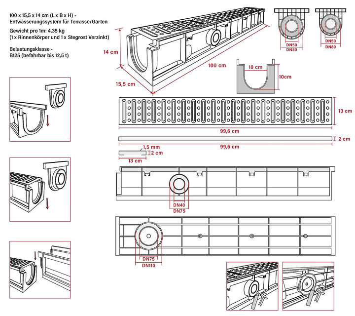1m Set Entwässerungsrinne mit Abdeckrost aus Stahl Verzinkt - Aussenmass 1000 x 155 x 140 mm - Boden