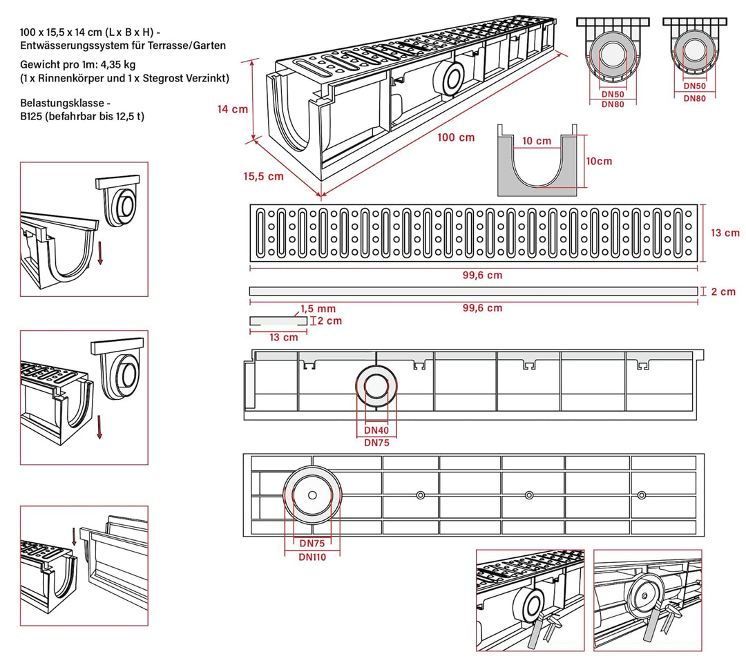 1m Set Entwässerungsrinne mit Abdeckrost aus Stahl Verzinkt - Aussenmass 1000 x 155 x 140 mm - Boden