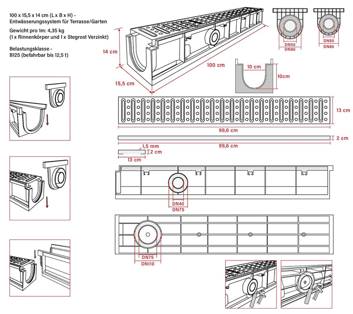 1m Set Entwässerungsrinne mit Abdeckrost aus Stahl Verzinkt - Aussenmass 1000 x 155 x 140 mm - Boden