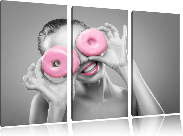 lustige Frau mit rosa Donut Augen schwarz/weiss 3-Teiler Leinwandbild 120x80 Bild auf Leinwand, XXL