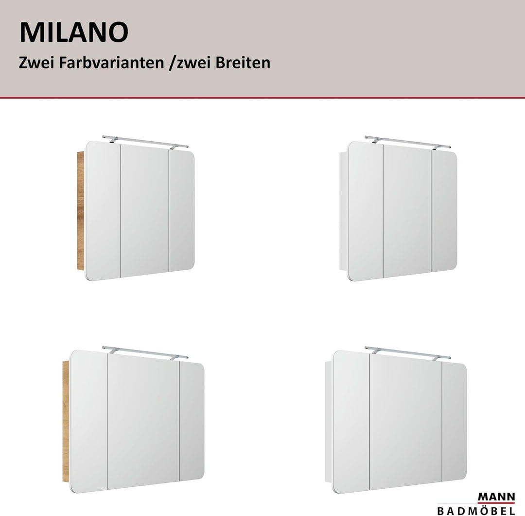 FACKELMANN Milano Spiegelschrank mit LED-Beleuchtung – Alibertschrank 3-türig fürs Badezimmer (90 cm