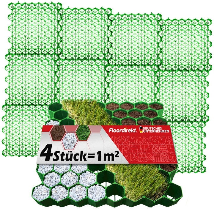 Floordirekt Rasengitter aus Kunststoff befahrbar 1m² - 4 Stück - 50 x 50 cm, Gruen - Bodengitter, Pa