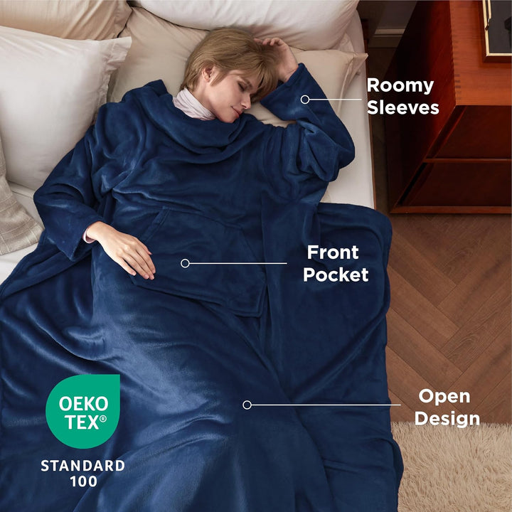BEDSURE Decke mit Ärmeln als Geschenke für Frauen - Kuscheldecke mit Ärmeln Blau Erwachsene Ärmeldec