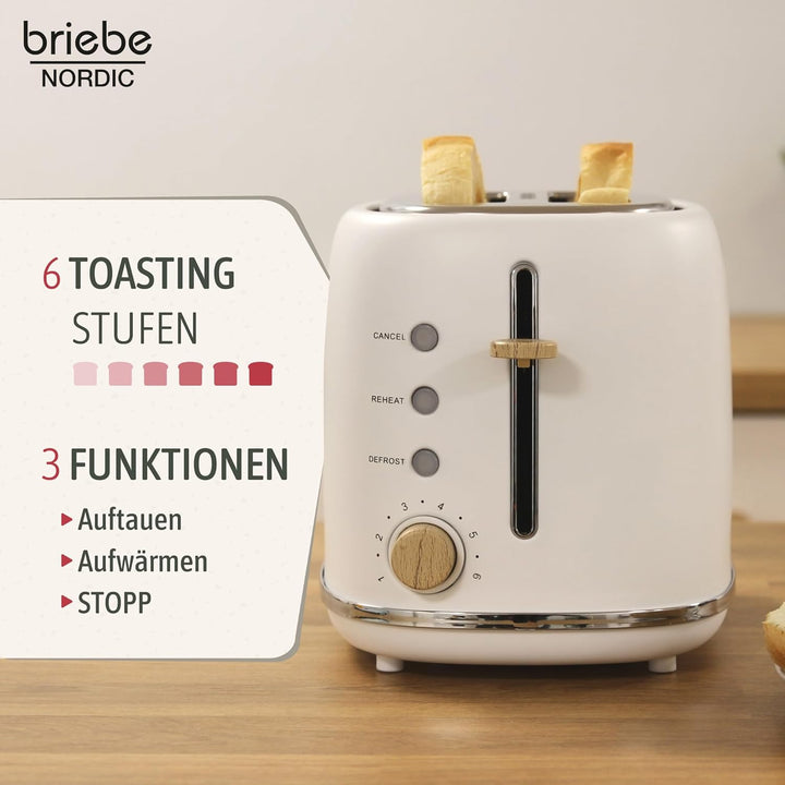 briebe Nordic Set Toaster 2 Scheiben Breite Schlitze mit Brötchenaufsatz, 6 Toast Stufen + Wasserkoc