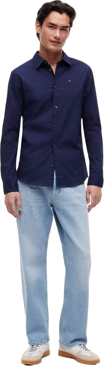 Tommy Jeans Herren Hemd Original Stretch Shirt Slim Fit, Blau (Black Iris)