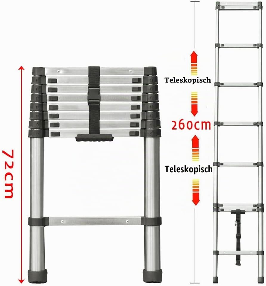 2.6m Teleskopleiter aus hochwertigem Edelstahl, 9 Stufen Ausziehleiter Rutschfester Klappleiter Steh