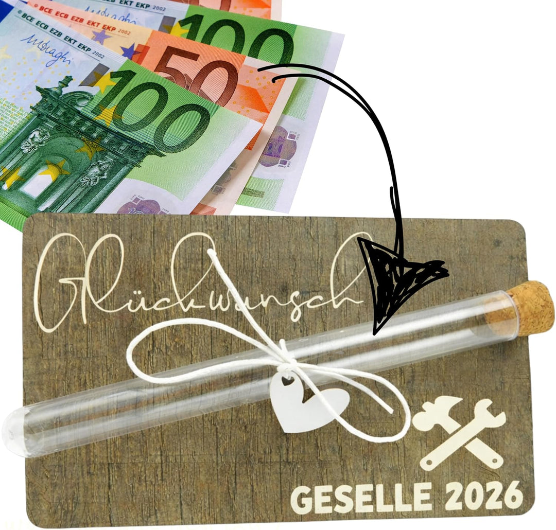 Geldgeschenk Holzkarte Geselle 2026 I Originelles kleines Geldgeschenk I Gesellenprüfung 2026I Geldg
