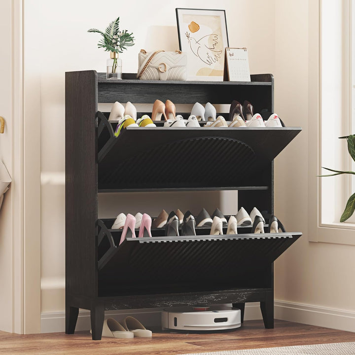 Vlsrka Geriffelte Schuhschrank Schmal Holz, Moderner Schuhkipper mit 2 Klappen, Schuhkipper schmal m