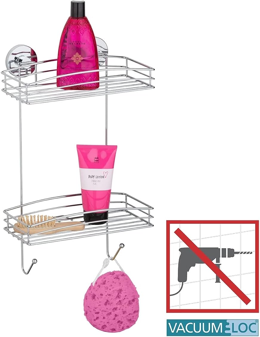 WENKO Vacuum-Loc® Wandregal 2 Etagen und 2 Haken, Wandablage ohne bohren, Duschablage mit Vakuum-Bef