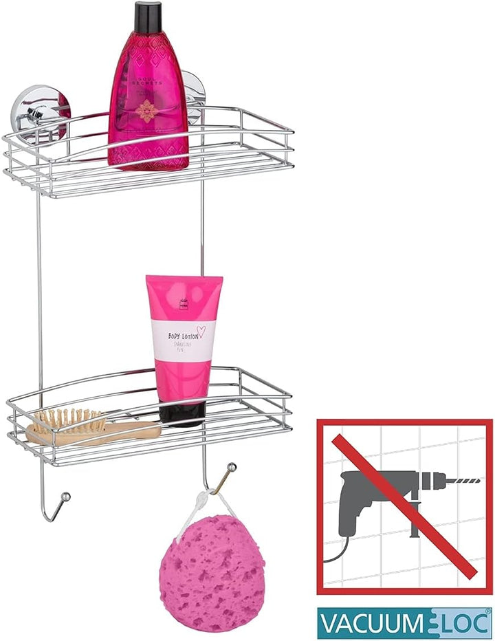 WENKO Vacuum-Loc® Wandregal 2 Etagen und 2 Haken, Wandablage ohne bohren, Duschablage mit Vakuum-Bef