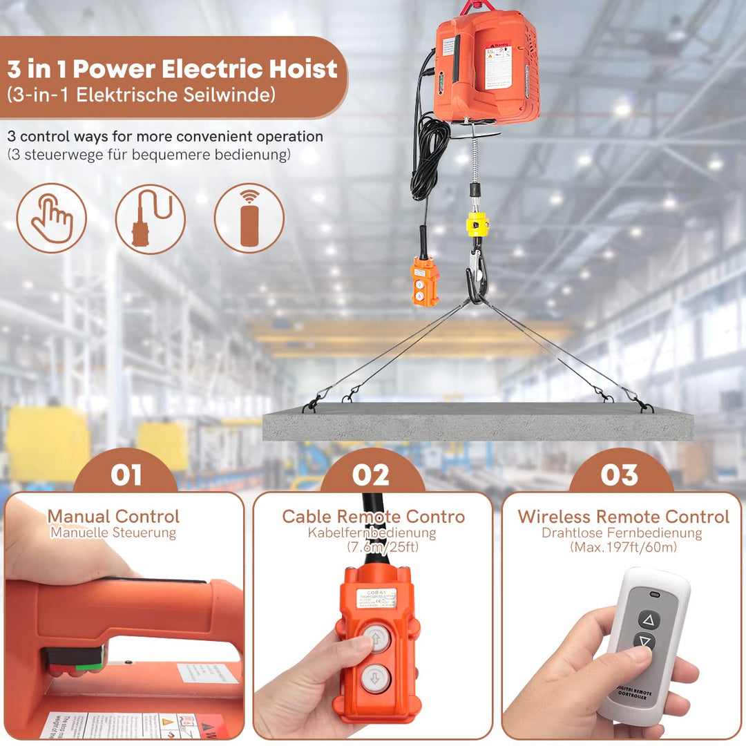 BriSunshine 3 in 1 Elektrische Seilwinde 500KG,1500W Elektrischer Seilzug Tragbarer Winden Hebezeuge