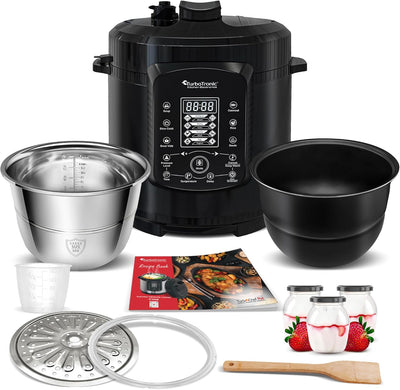 TurboTronic Druckkochtopf 6L mit 2x Topf Edelstahltopf und beschichtet, Dampfgarer, Multikocher, ele