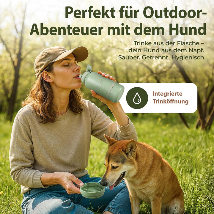 Pets Hundetrinkflasche für unterwegs 1l mit Näpfen -Ideal für Reisen,Outdoor- Isolierte Edelstahl Fl