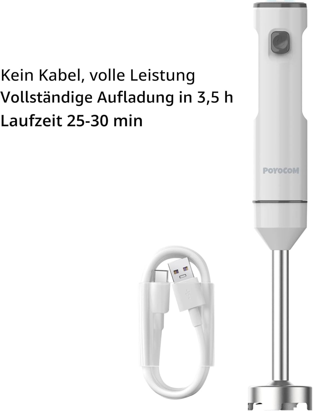POYOCOM Kabelloser Stabmixer, Akku-Stabmixer mit TYP-C-Kabel, 500 ml Zerkleinererer, 600 ml Gefäss,