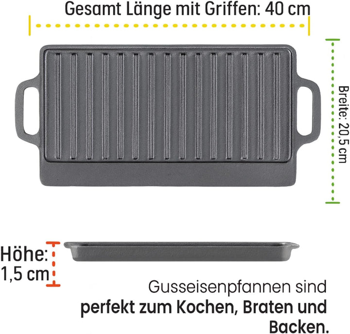 Gusseisenpfanne Grill rechteckig 40 x 20,5 cm massiv 2,7 kg mit Griffen BBQ | Grillplatte aus Gussei