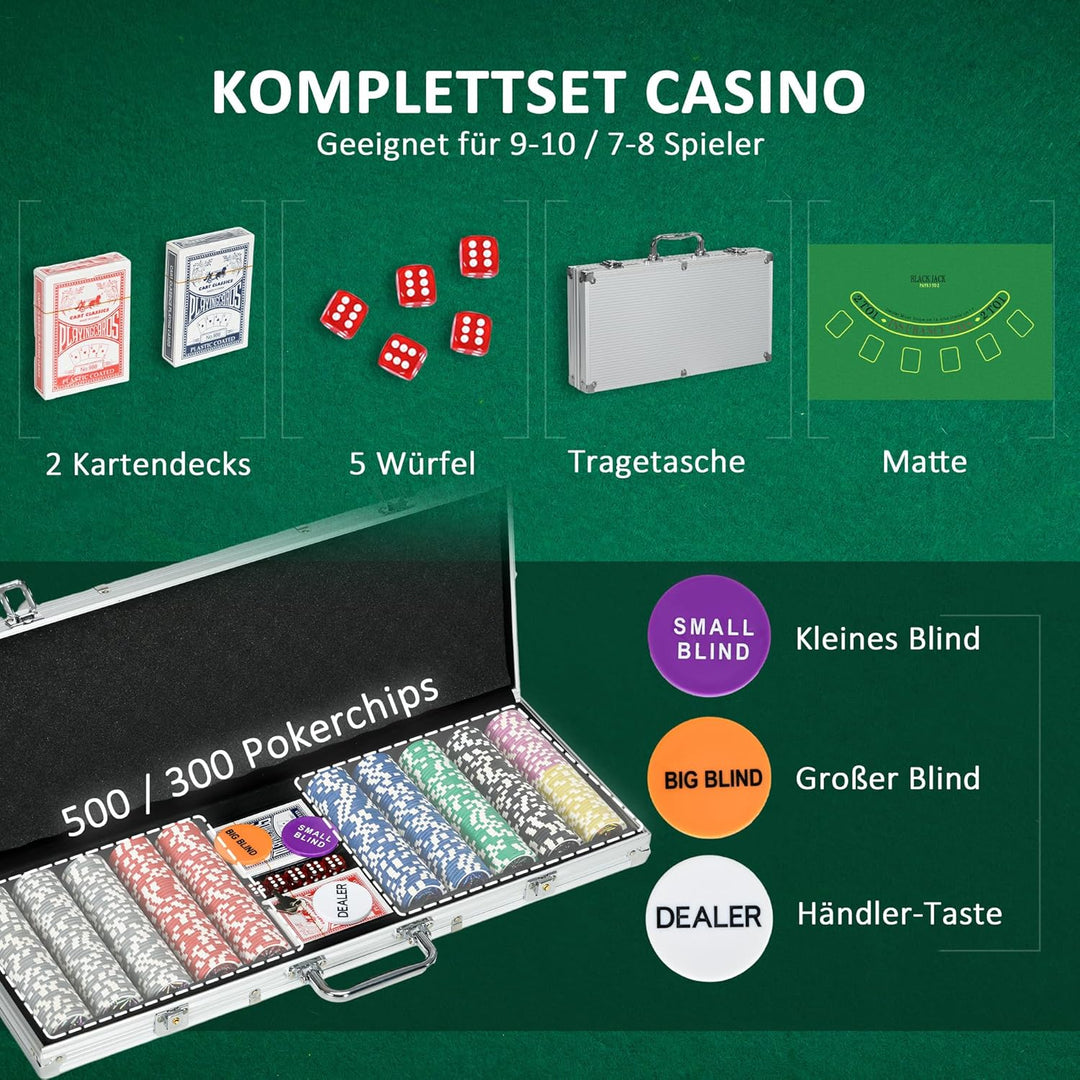 SPORTNOW Pokerkoffer Set, 500 Pokerchips 11,5 Gramm, Pokerset mit Schloss, 2 Pokerdecks, 5 Würfel, 1