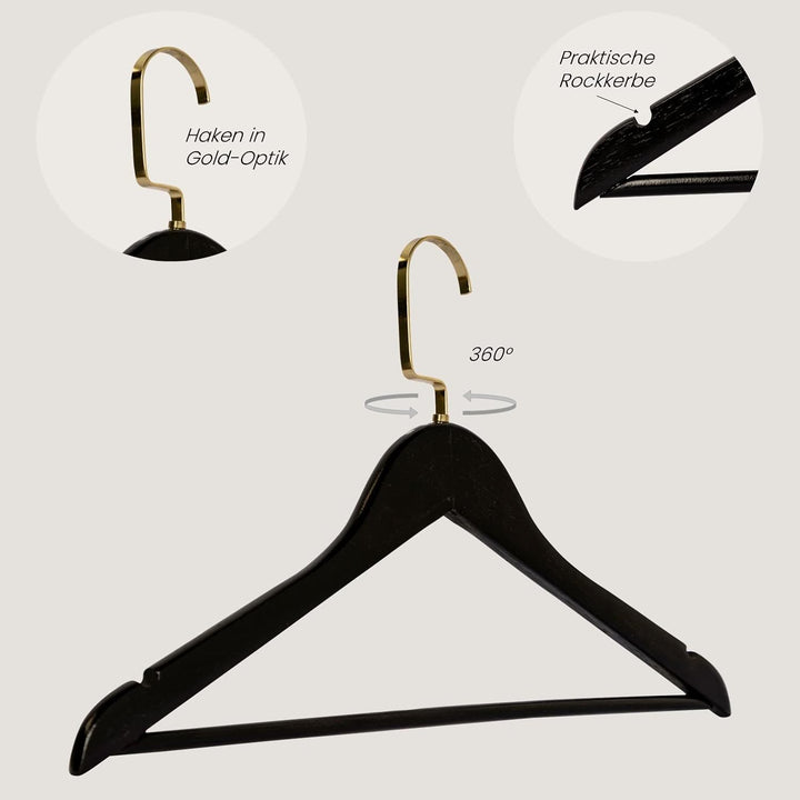 RSR-Hangers 10 Stück Kleiderbügel Holz Schwarz Holzkleiderbügel mit Hosensteg 44,5 cm | 360° drehbar