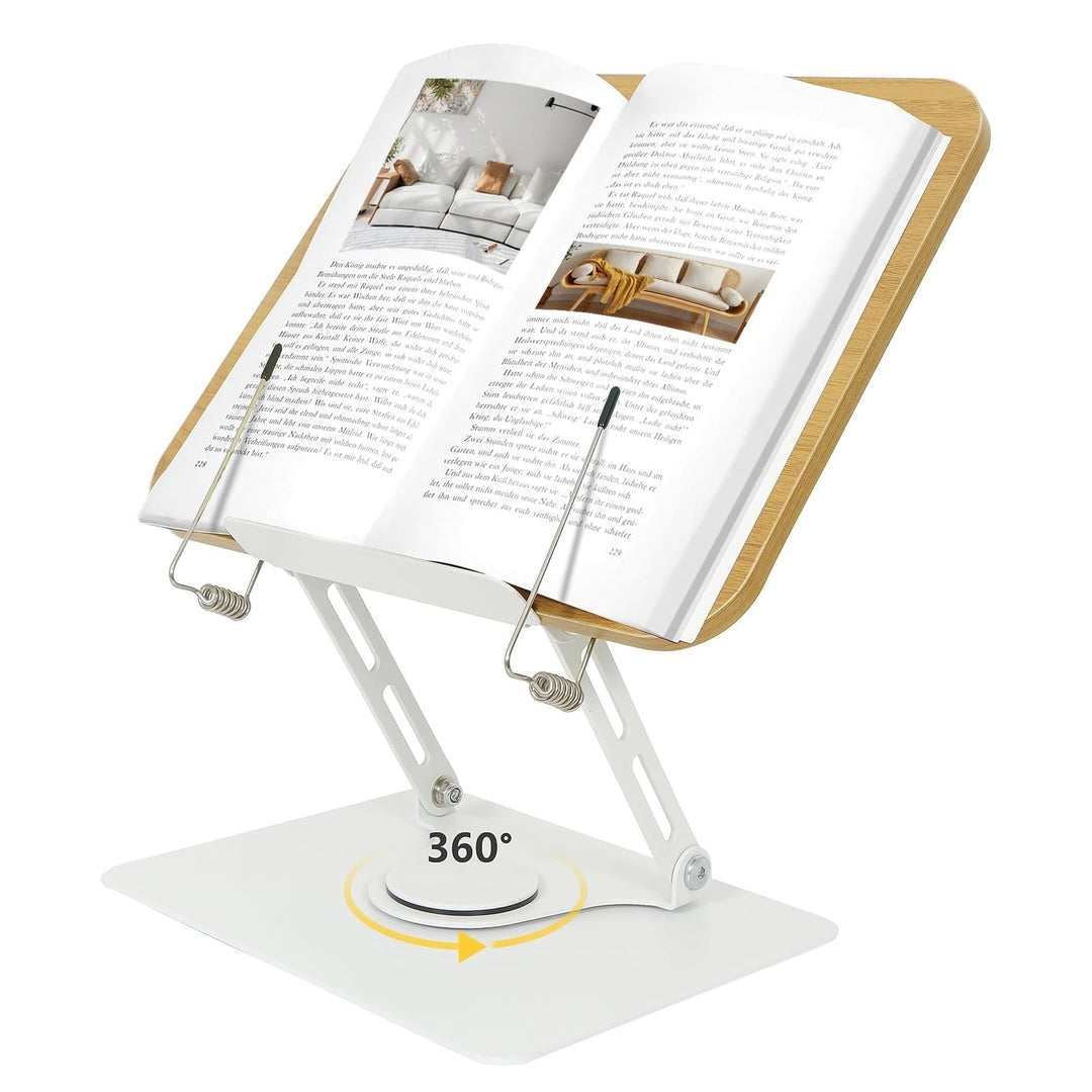 Buchständer Holz - 360° Drehung Höhenverstellbarer Buchhalter Leseständer mit Massivem Aluminiumlegi