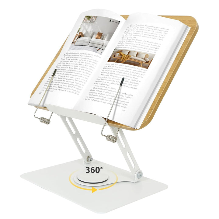 Buchständer Holz - 360° Drehung Höhenverstellbarer Buchhalter Leseständer mit Massivem Aluminiumlegi