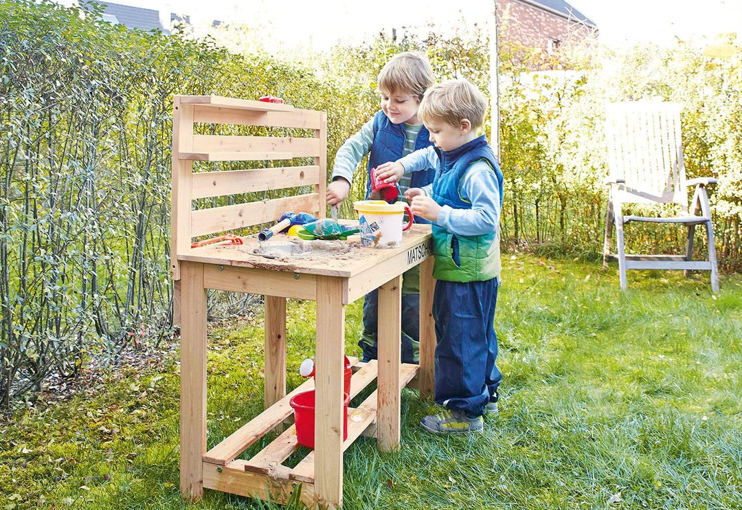 PINOLINO 221011 Matschküche Paul, unbehandelt, vollmassives Holz, Durchlass für einen Gartenschlauch