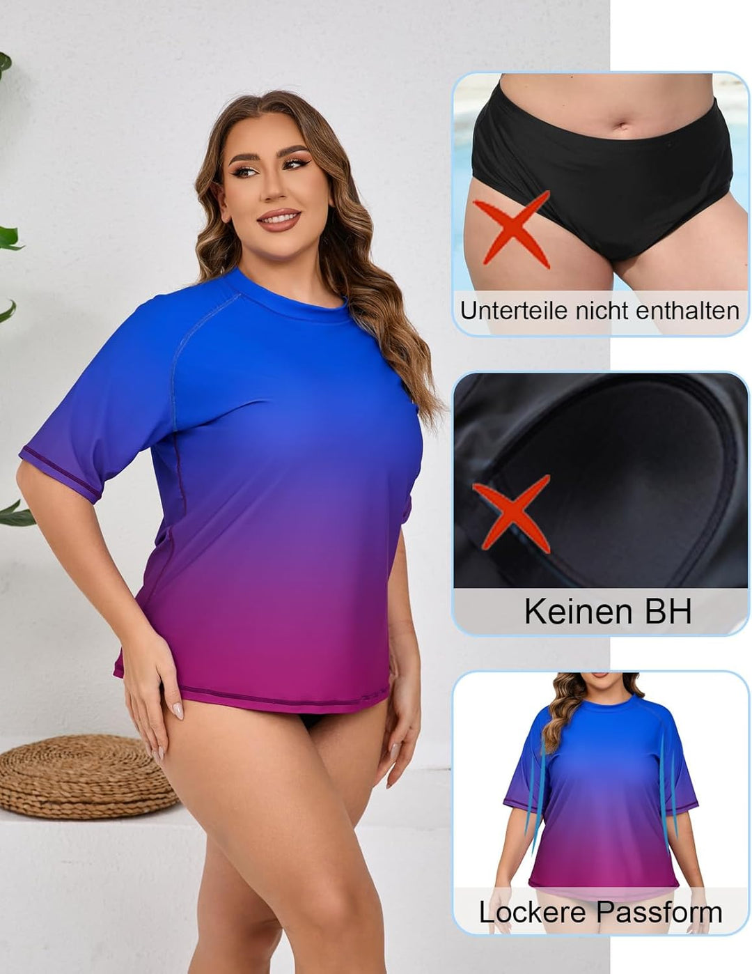 Halcurt UV Shirt Damen Übergrösse Rash Guard Kurzarm UPF 50+ Badeshirt UV Schutz Schwimmshirt Schnel