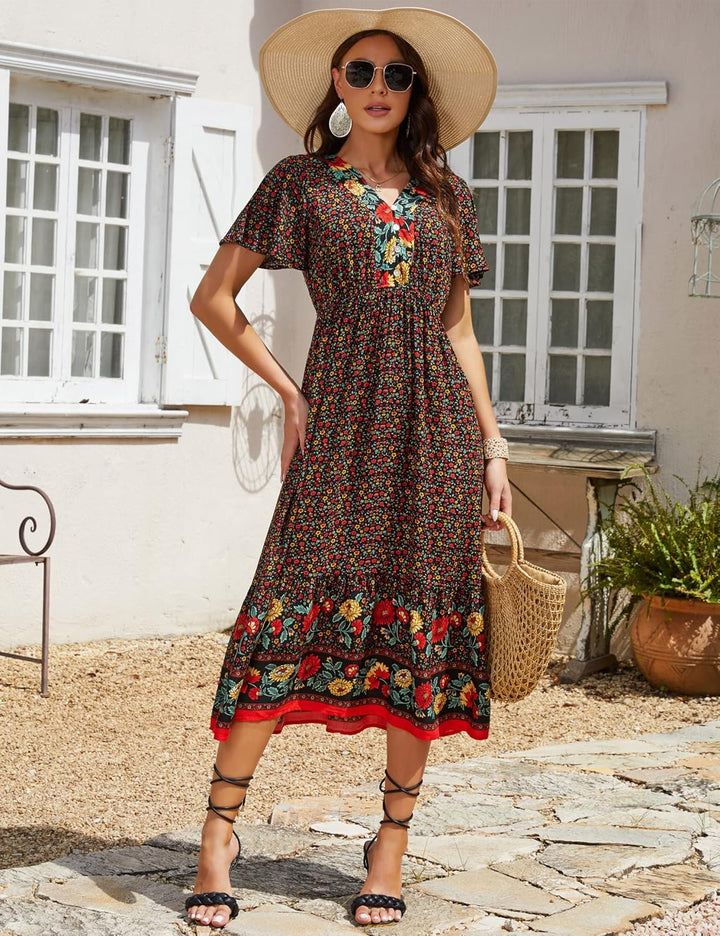 Clearlove Damen Sommerkleid Boho Kurzarm Midi Kleider V-Ausschnitt Strandkleid lang Blumenkleid Rüsc