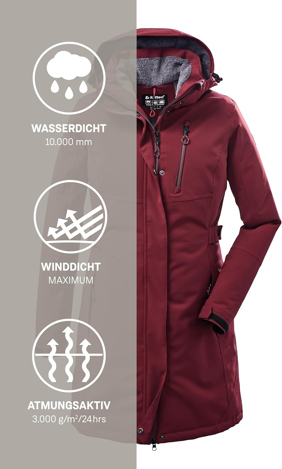 Killtec Damen Kow 165 Wmn Prk Funktionsparka/Parka mit abzippbarer Kapuze 42 weinrot, 42 weinrot