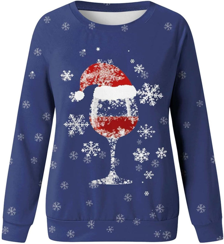 Weihnachtspullover Damen Weinglas Schneeflocken Druck Langarmshirt Farbverlauf Weihnachtspulli Chris