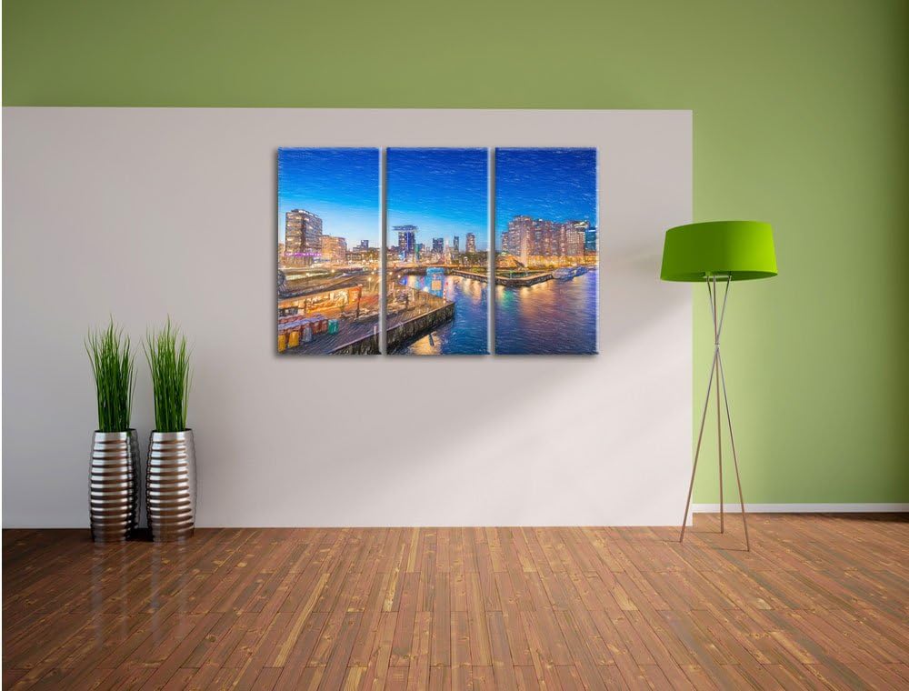 Pixxprint Atemberaubender Ausblick auf Rotterdam Bunstift Effekt 3-Teiler Leinwandbild 120x80 Bild a