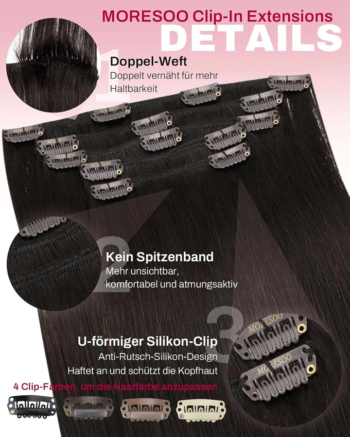 Moresoo Clip Extensions Echthaar Günstig Remy Haarverlängerung Clip in Extensions Echthaar Braun Ext