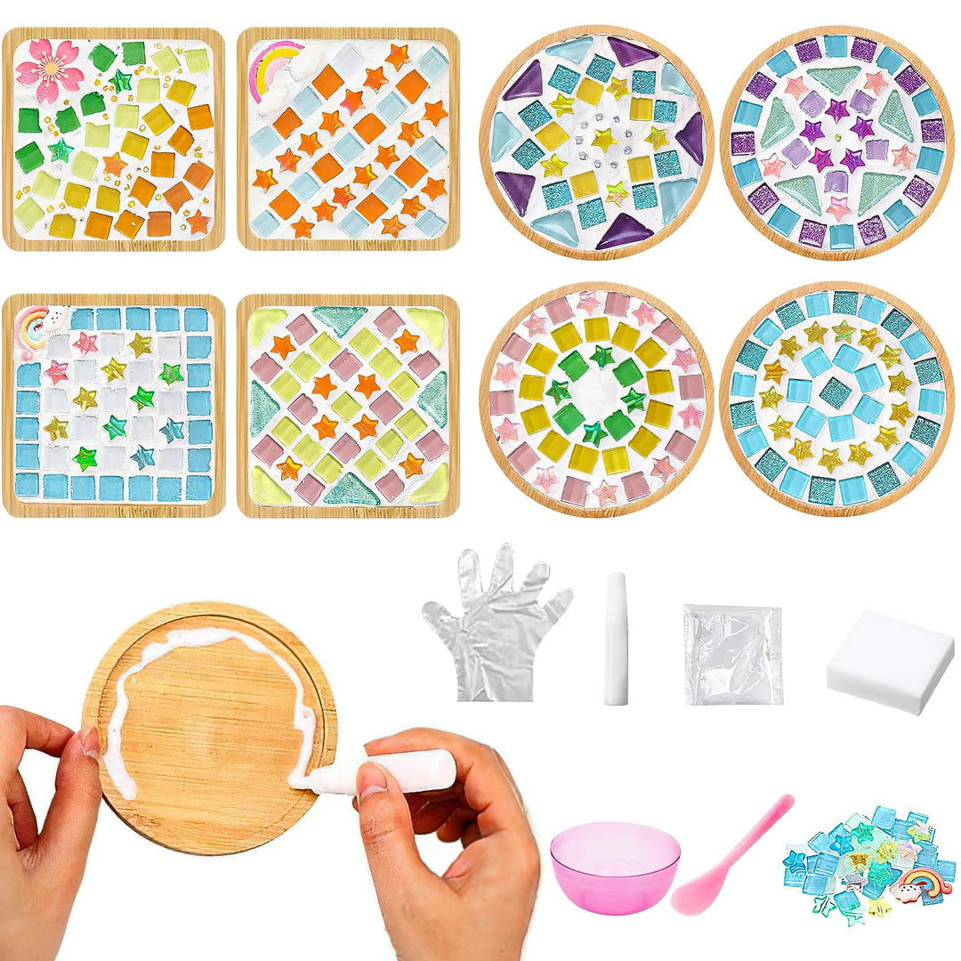 HFZCV 8 Sets DIY Mosaik Untersetzer Bastelset, Glas Mosaik Steine mit Holz Untersetzern, Kreatives B