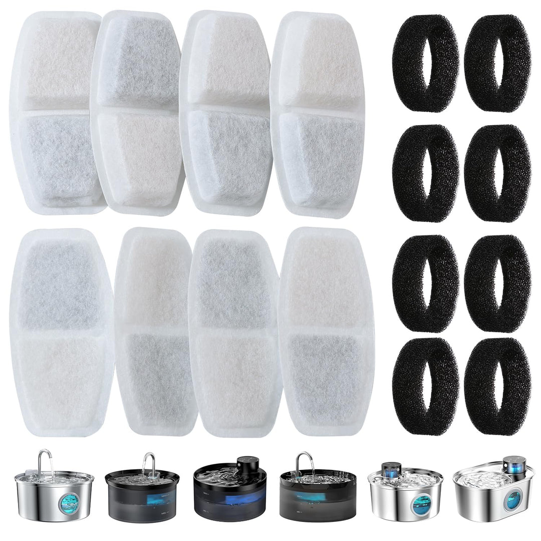 Katzenwasserbrunnen 16 PCS und 8 Kohlefilter + 8 Schwämme, Katzenwasserbrunnenfilter mit dreifacher
