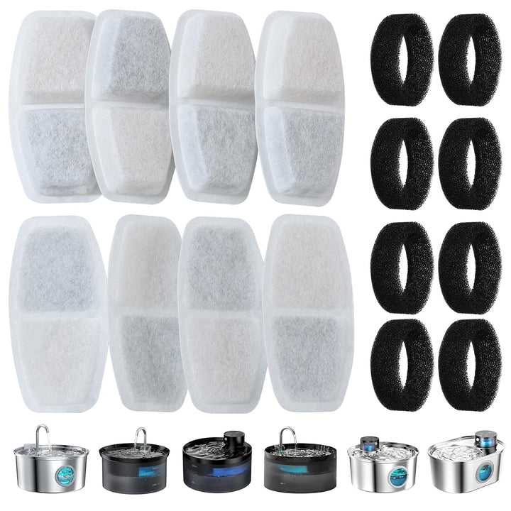 Katzenwasserbrunnen 16 PCS und 8 Kohlefilter + 8 Schwämme, Katzenwasserbrunnenfilter mit dreifacher