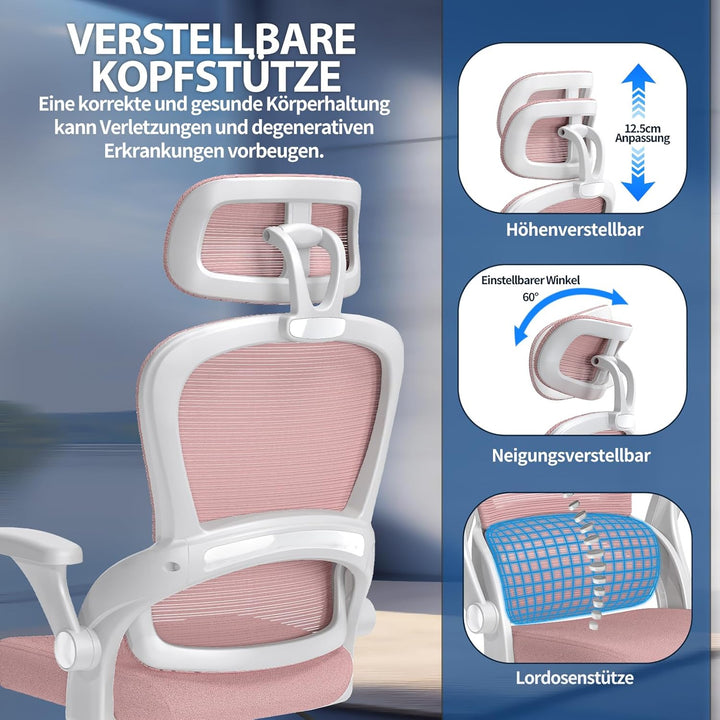 TRALT Ergonomischer Bürostuhl - Schreibtischstuhl mit Verstellbare Kopfstütze Höhenverstellbarer Bür