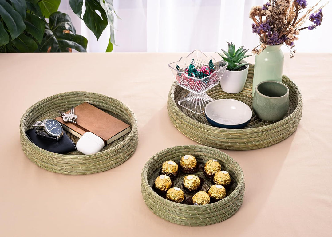 Darido Set von 3 Rund Halfa Trays Handmade - 30x30x10 CM Natural Authentic Halfa Gras - Tray für Bad