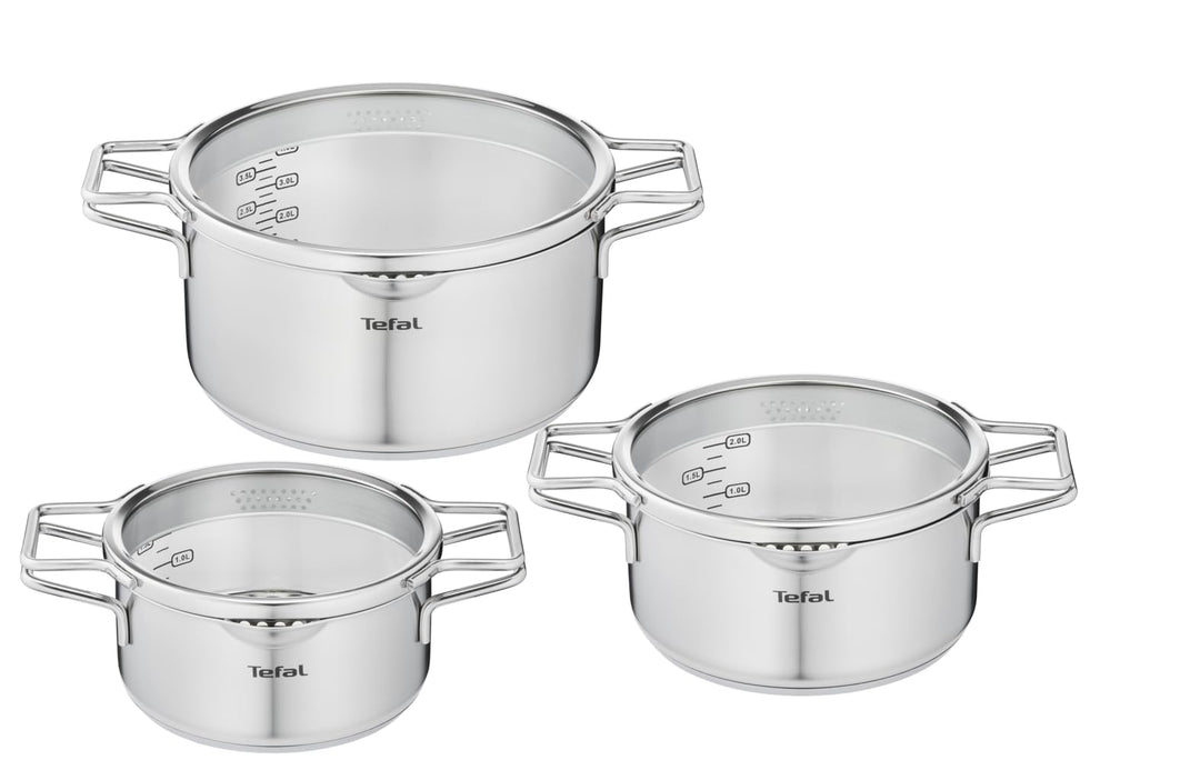 Tefal Nordica H852S655 Kochtopf, 6-teilig, 18/20/24 cm, Edelstahl + Glasdeckel, Ausgiesser, einfache