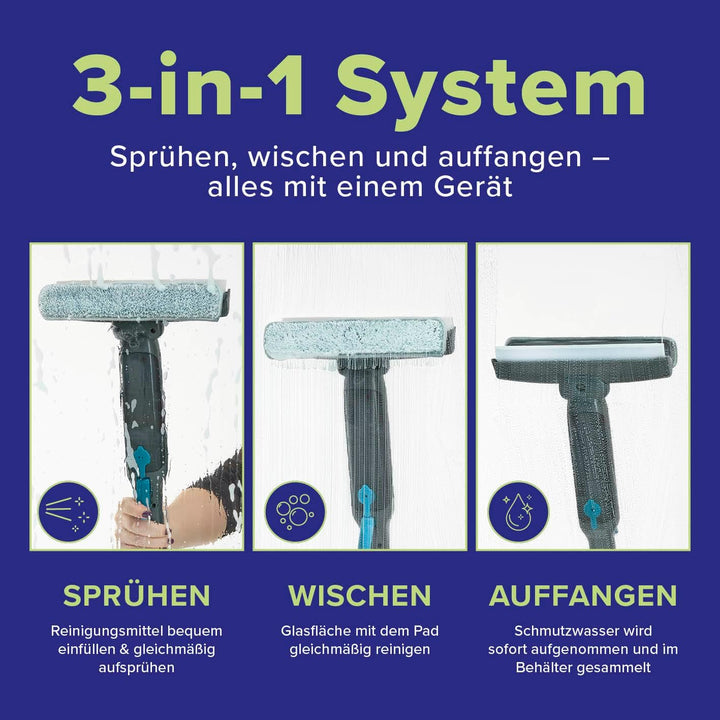 Fensterreiniger Set - Fensterabzieher mit 3-in-1 Sprüh-, Wisch- und Auffangfunktion - Abzieher ohne
