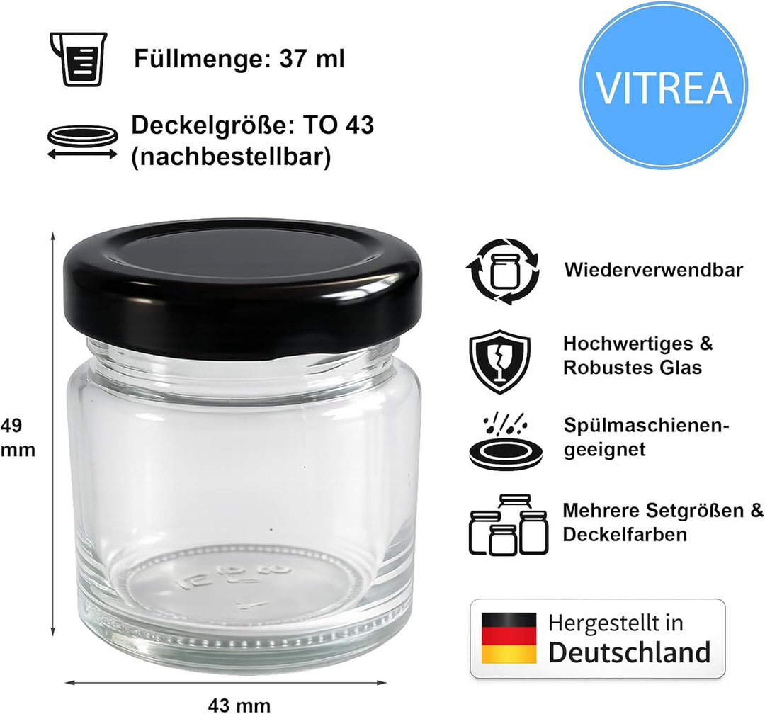 Vitrea 200x Mini Marmeladengläser 37 ml - mit Deckel Schwarz TO 43 - kleine Einmachgläser zum befüll