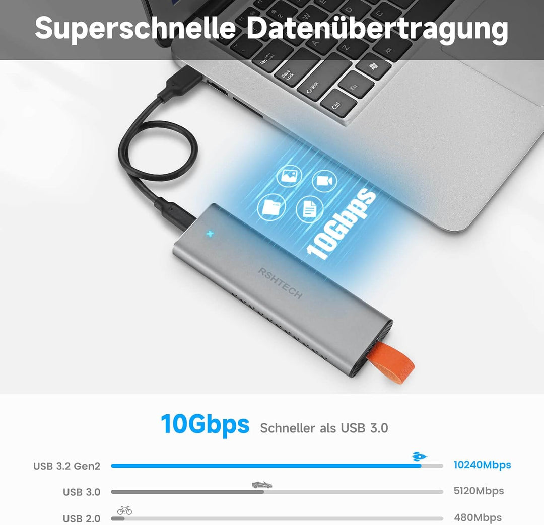 RSHTECH M.2 NVMe SSD Gehäuse Aluminium USB 3.1/3.2 Gen2 10Gbps M2 NVMe Gehäuse-Adapter Externe Thund