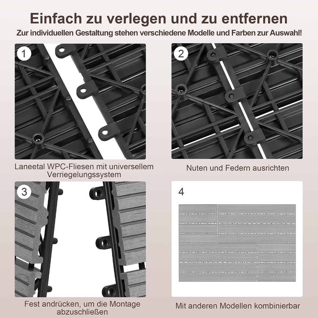 Laneetal 22er Set WPC Holz Fliese Terrassenfliesen klicksystem 30x30cm für Terrasse und Balkon Boden