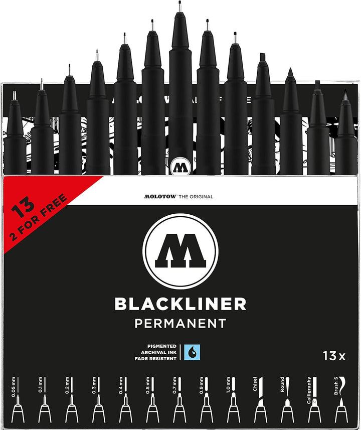 Molotow Blackliner Complete 13er Set (Strichstärke 0,05 mm bis 1,0 mm & spezielle Spitzen, Fineliner
