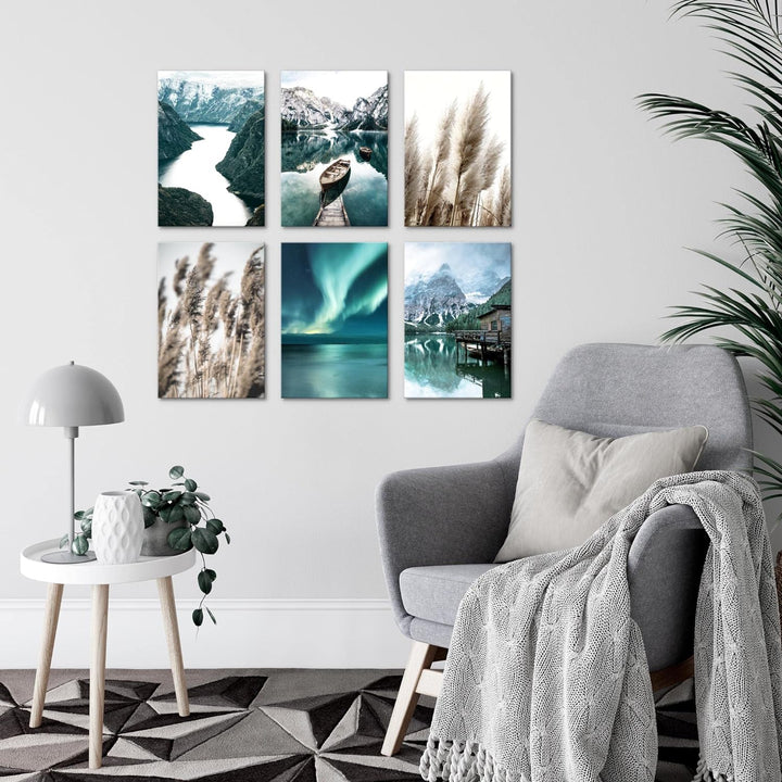 Novart Wandbilder Set - KOMPLETT AUFHÄNGFERTIG - Made in Germany - Moderne Bilder Natur Berge See Wo