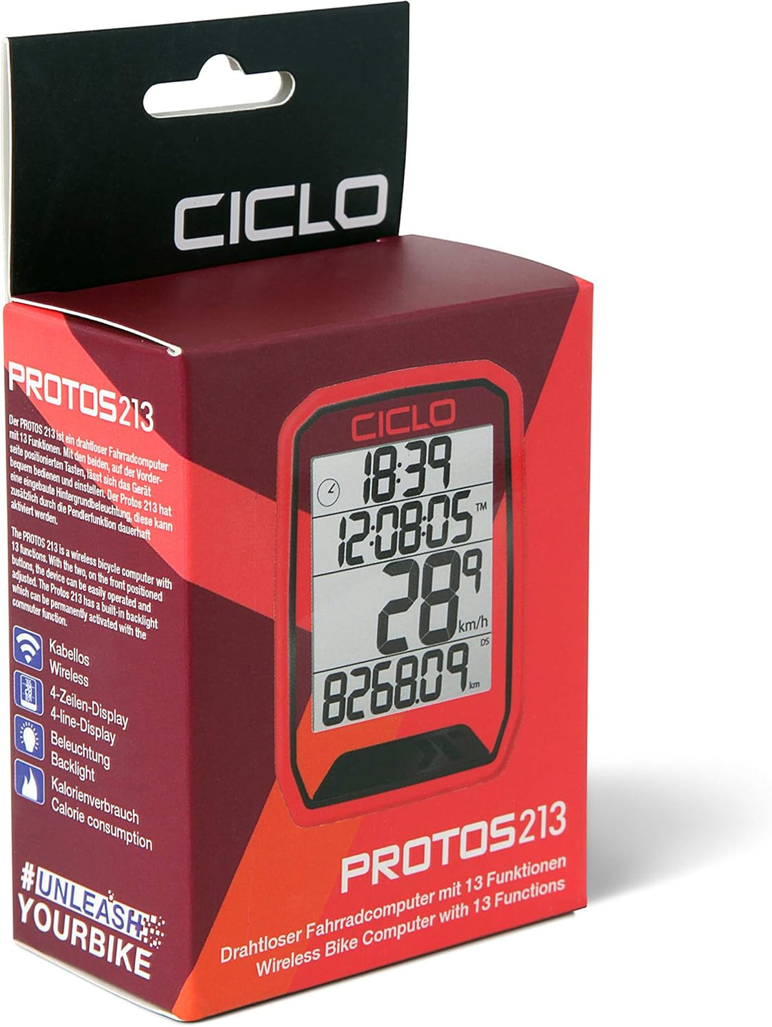CICLO PROTOS 213 drahtloser Fahrradcomputer, mit 13 Funktionen in rot, in rot
