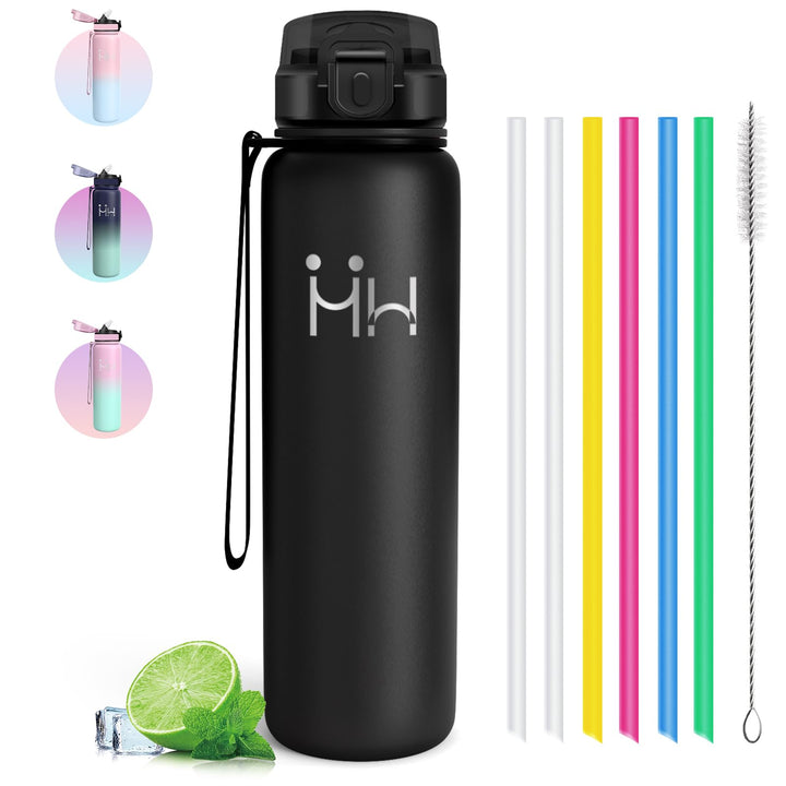 Trinkflasche Edelstahl - Sportflasche 1 liter - Trinkflasche mit Strohhalm - 100% Auslaufsichere - T