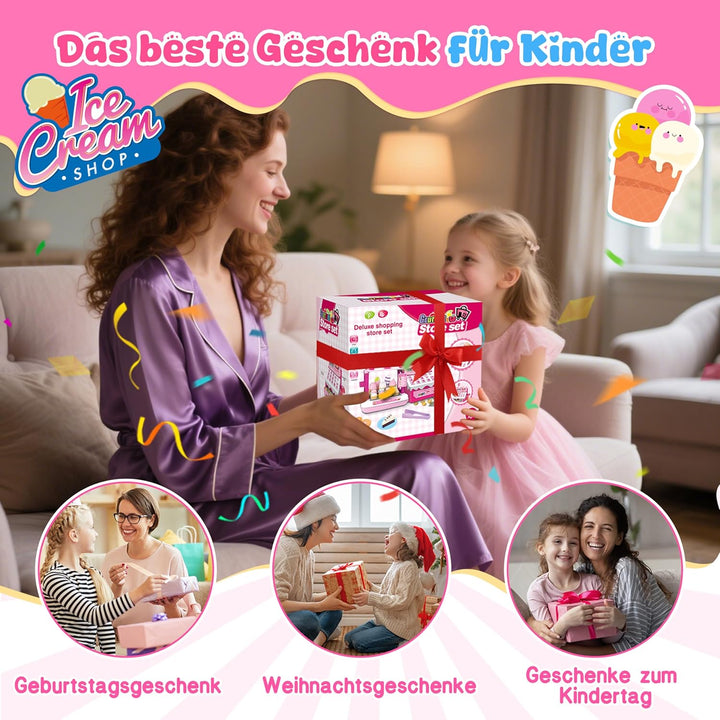 Charmofun Kasse Spielzeug mit Eisdiele für Kinder - inkl. 48 Zubehör (15 Eiscreme, 5 Kuchen, 7 Beste