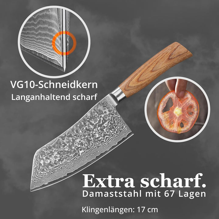 Wakoli EDIB Pro Chinesisches Kochmesser aus echtem Damaststahl (VG10 Kern) 17 cm Klinge – Scharf & a