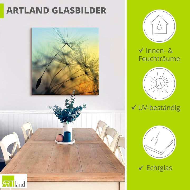 ARTland Glasbilder Wandbild Glas Bild einteilig 50x50 cm Quadratisch Natur Blumen Pusteblume Sonnenu