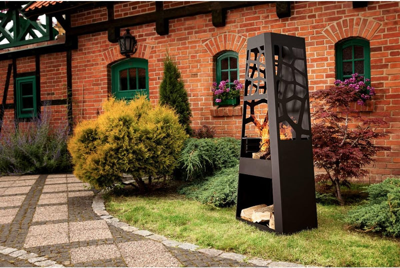 dobar® 35423 Design Metall Gartenkamin mit Grillrost | Terrassenofen auf Stahlblech inkl. Stauraum |